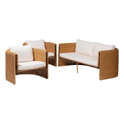 bali & pari Carina Natural Rattan 3-Piece Living Room Set - Lounge Sofa and Armchairs with Handwoven U-Shaped Design for Boho, Coastal, or Tropical Interiors